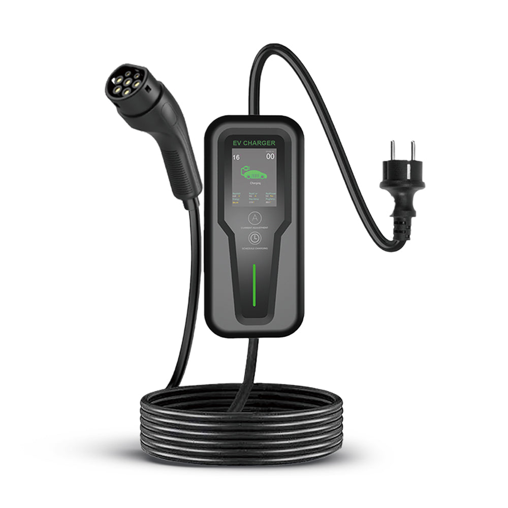 Family plugging in electric vehicle to InPlugin home charging station in driveway.