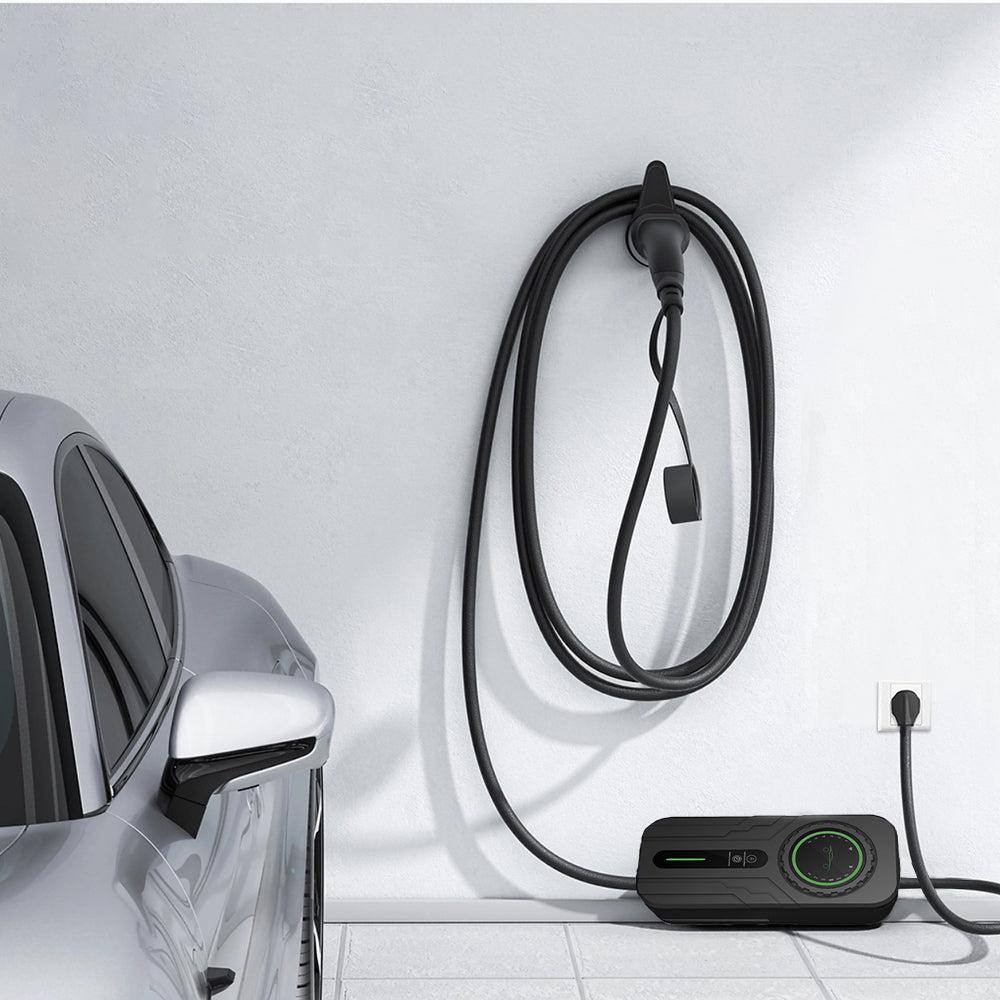 Driver using InPlugin portable EV charger to power electric vehicle at home.