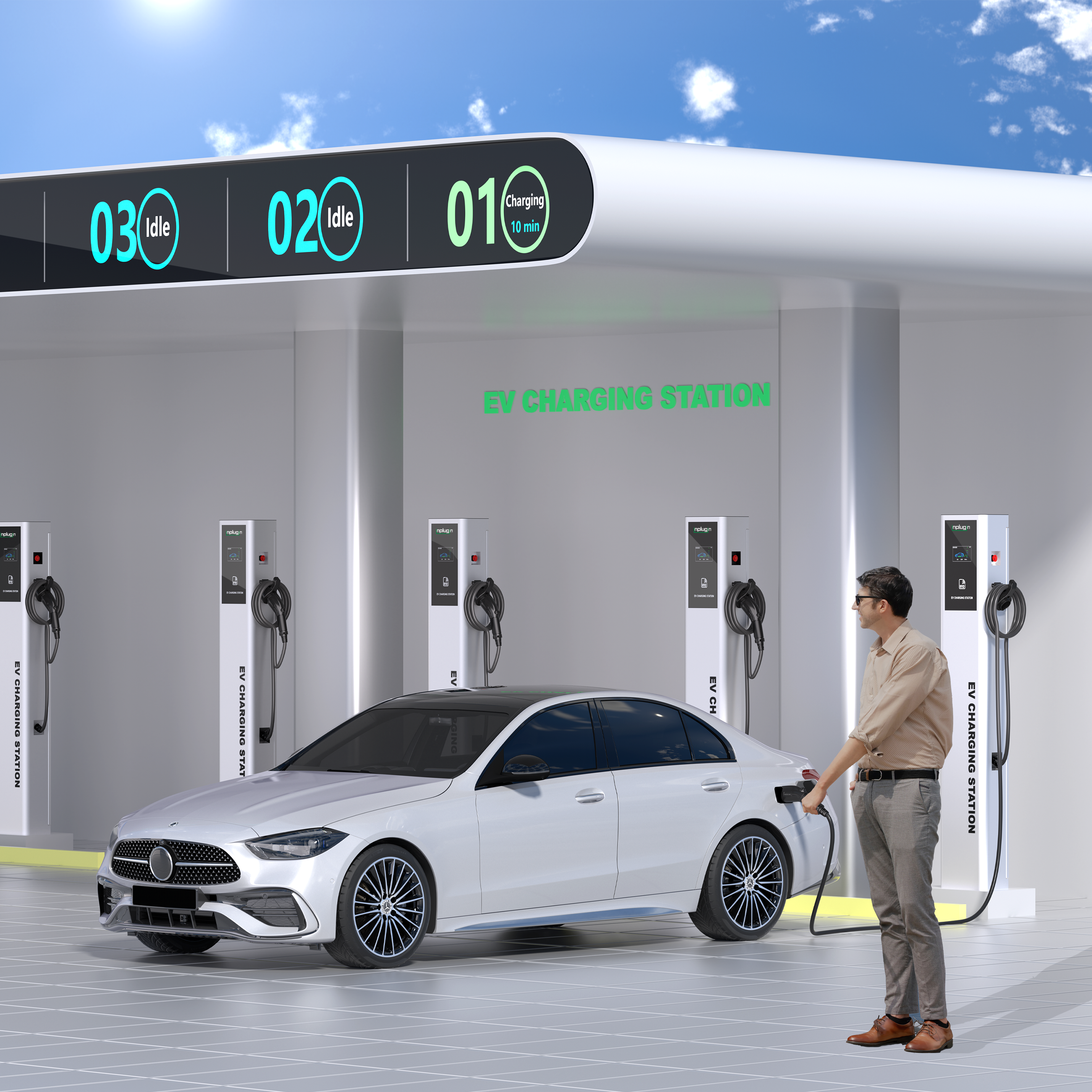 Commercial pile-type EV charging station that can be operated independently or networked.